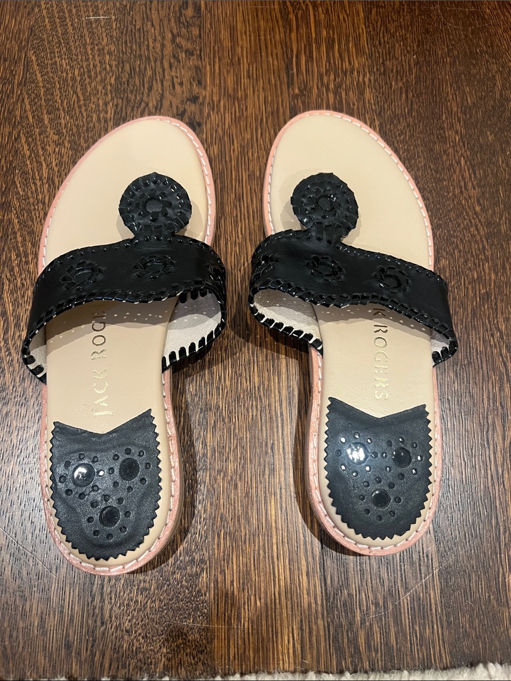 Jack Rogers Black and Cream Rondelle Slide Sandals